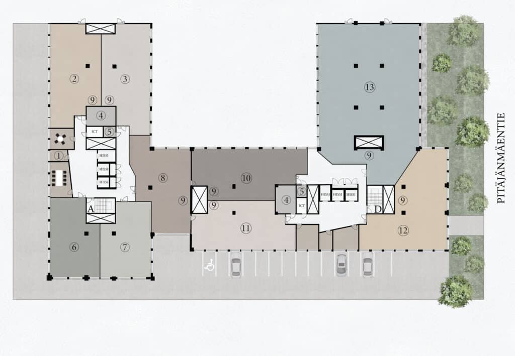 3-5. kerrosten pohjakuva, jossa tilat on jaettu yhdeksälle käyttäjälle.